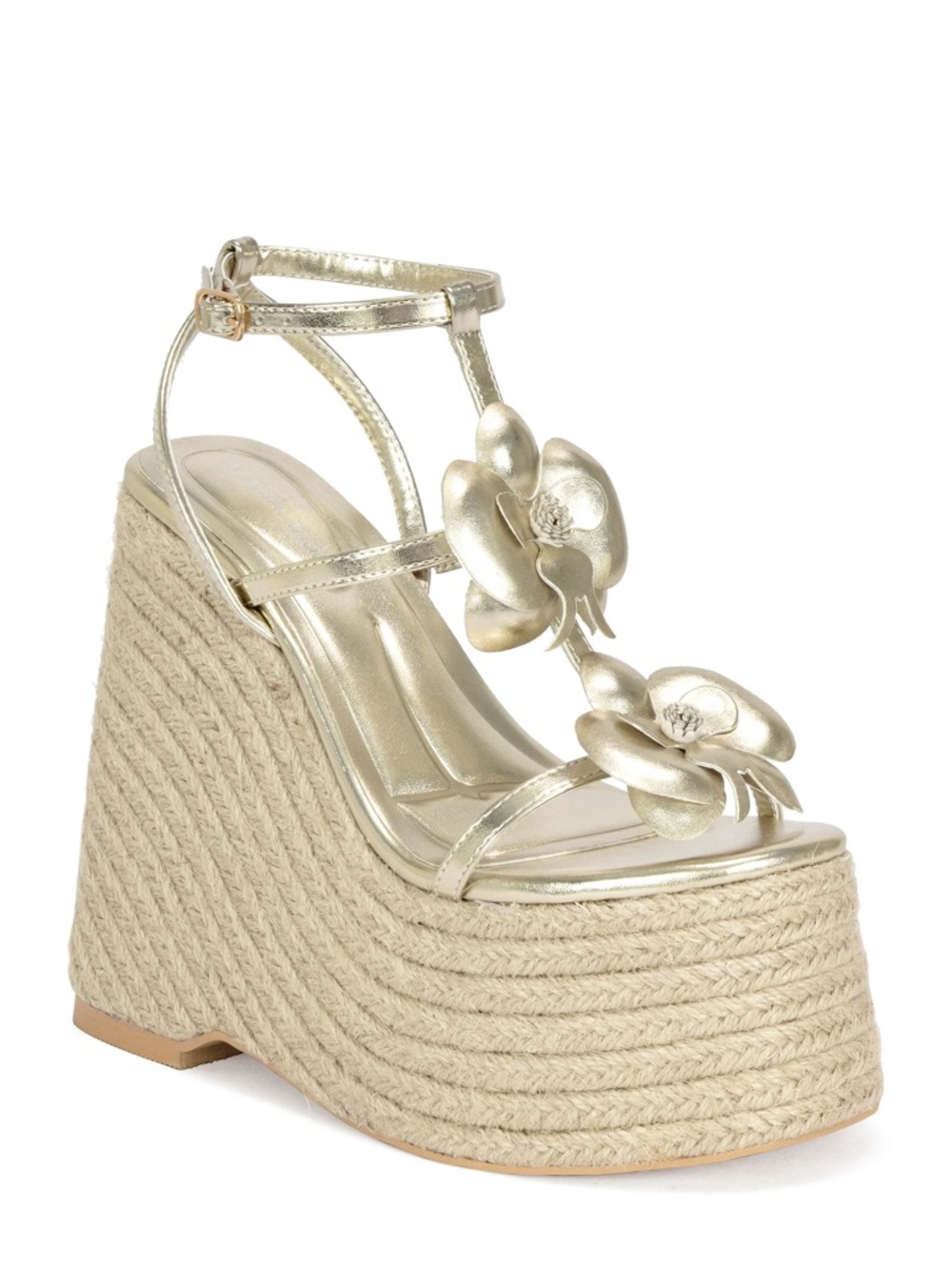 Gold Floral Espadrille Wedge Sandals - Women's Metallic Platform Wedges